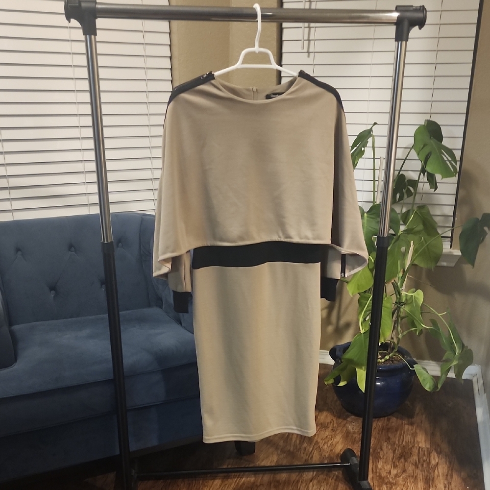 Beige and Black Colorblock Cape Dress